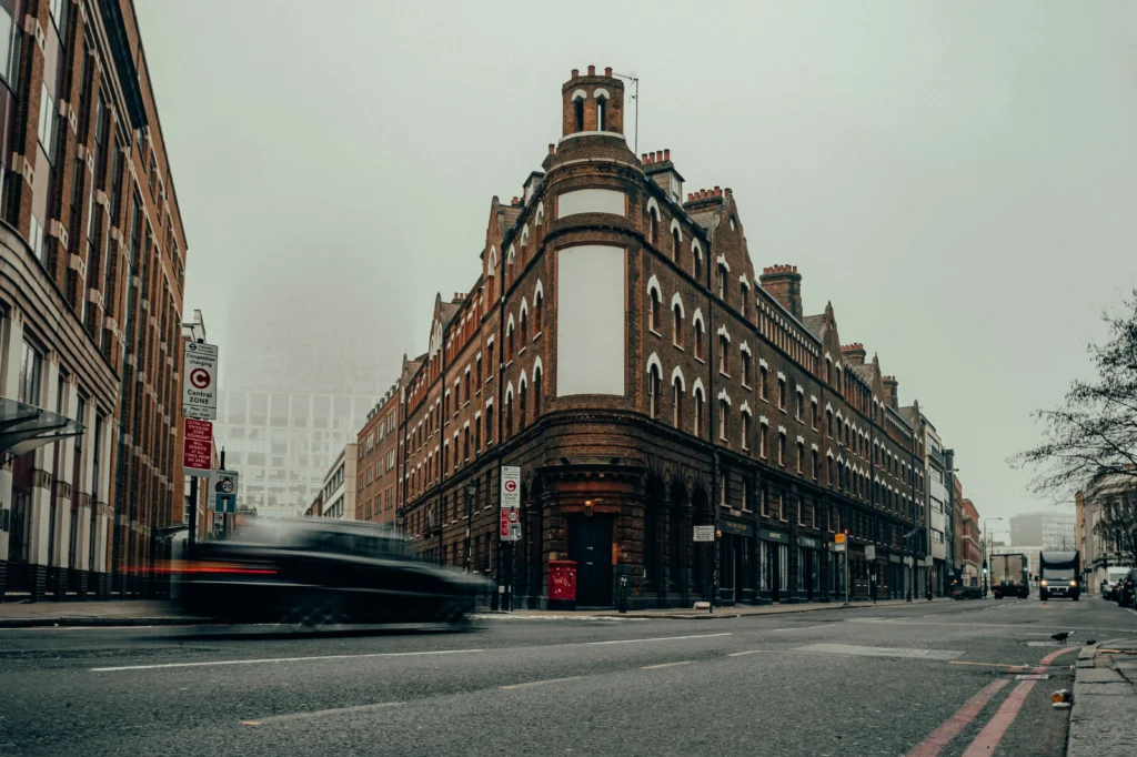 Overcast London street scene, illustrating in-between weather wardrobe essentials.